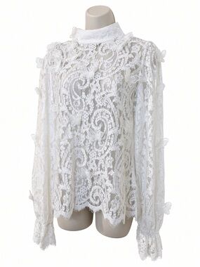 INA White Lace High Neck Blouse 3D Butterflies Size L Back Zipper